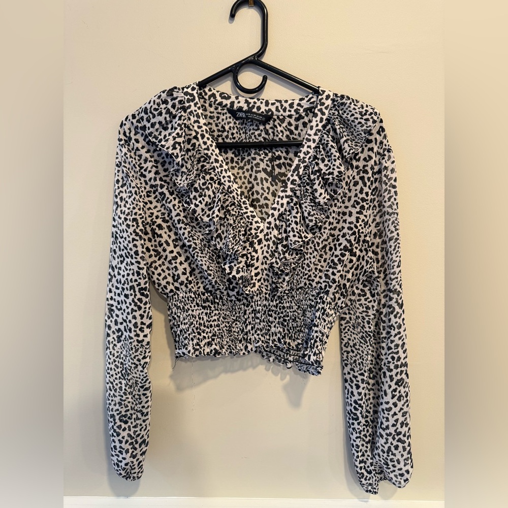 Zara Black and White Leopard Print Ruffled Blouse